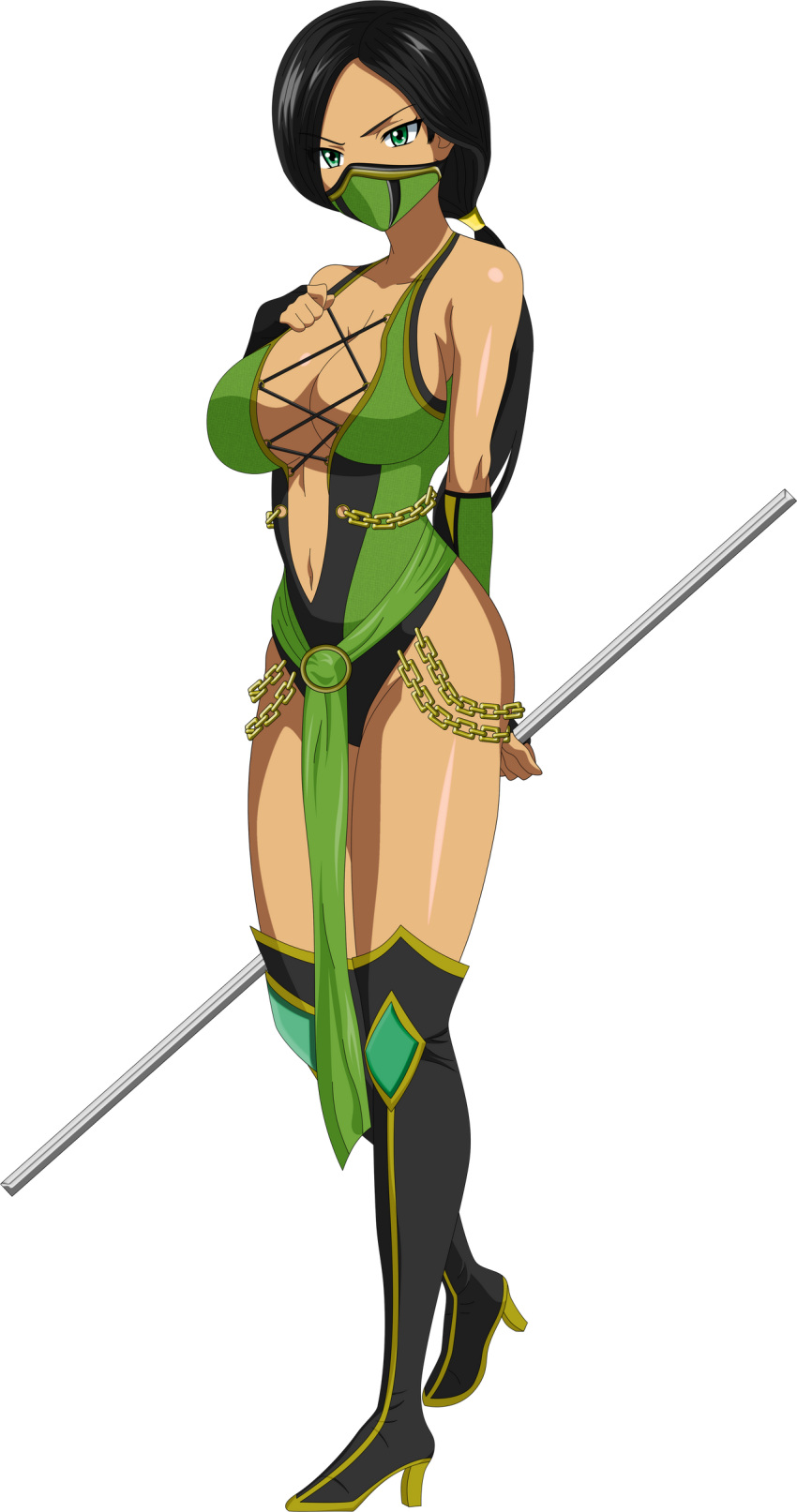 1girl 诱人的 大胸 黑发 乳沟 绿眼 翡翠_(真人快打) luffysan9 midway_games 真人快打 真人快打 末日决战 真人快打欺骗 服装