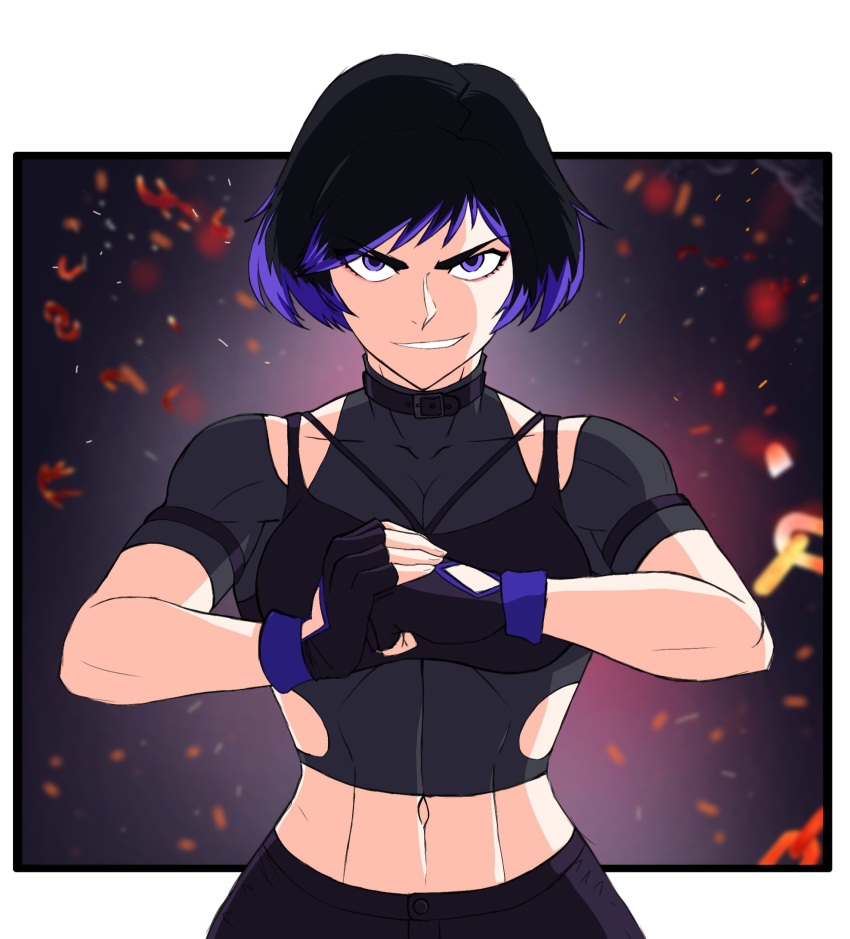 1girl 腹肌 诱人 运动_女性 bandai_namco big_breasts black_and_purple_hair 乳沟衣服 daigo_(artist) Female_abs Female_only 拳头 in_palm fit_female meme namco namco_bandai Purple_eyes reina_(tekken) reina_mishima sfw tekken tekken_8 tomboy