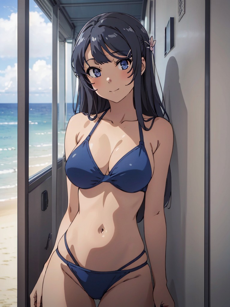 1girl 诱人海滩巨乳比基尼黑发蓝眼乳沟樱岛外海洋_mai seishun_buta_yarou_wa_bunny_girl_senpai_no_yume_wo_minai zoiidenjin_art