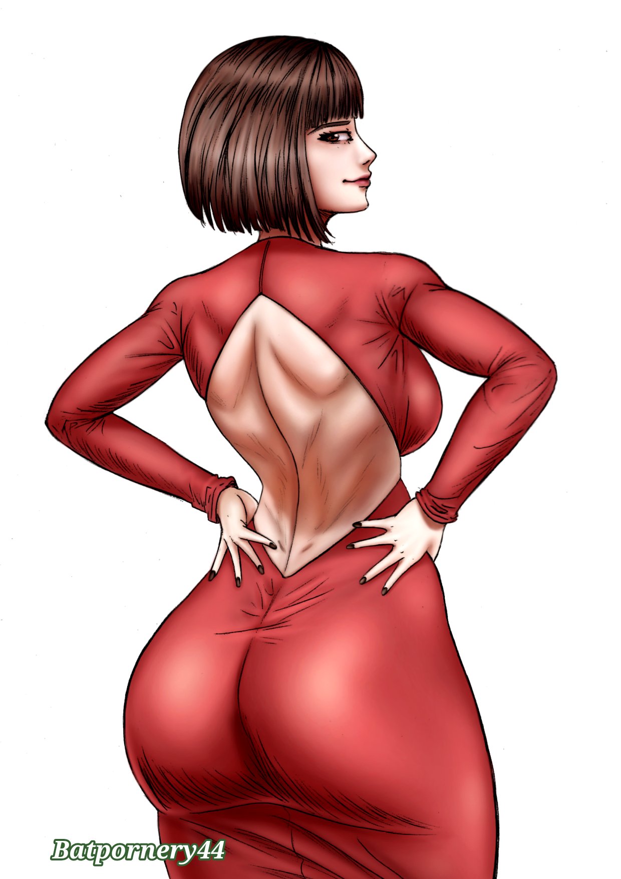 1girl anna_williams 屁股 back_cutout bandai_namco batpornery Brown_hair Clothing_cutout dress from_behind Hands_on_own_hips 巨大的屁股嘴唇looking_back namco namco_bandai Short_hair tekken tekken_1 tekken_2 tekken_3 tekken_5 tekken_5_(dark_resurrection) tekken_5_dark_resurrection tekken_5_dark_复活 tekken_6 tekken_6_bloodline_rebellion tekken_7 tekken_blood_vengeance tekken_tag_tournament tekken_tag_tournament_2 tekken_the_motion_picture 水印 White_background