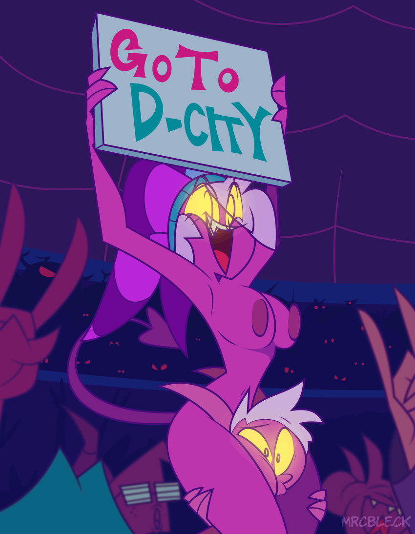 1boy 1girls 动画腋窝 background_character big_breasts bouncing_breasts 乳房 人群 恶魔 Demon_boy Demon_girl Demon_horns Demon_tail Devil_horns_(手势) english_text 暴露癖 女 傻瓜_帽子 发光_眼睛 head_ Between_legs head_ Between_thighs helluva_boss Holding_sign 喇叭 jazz_(helluva_boss) jester_cap jester_hatleg_lock 男性mrcbleck 乳头 公共 锋利的牙齿 微笑 标签我的文字 裸照 topless_imp_girl_(helluva_boss) vivienne_medrano vivziepop vivzmind 水印 Yellow_eyes