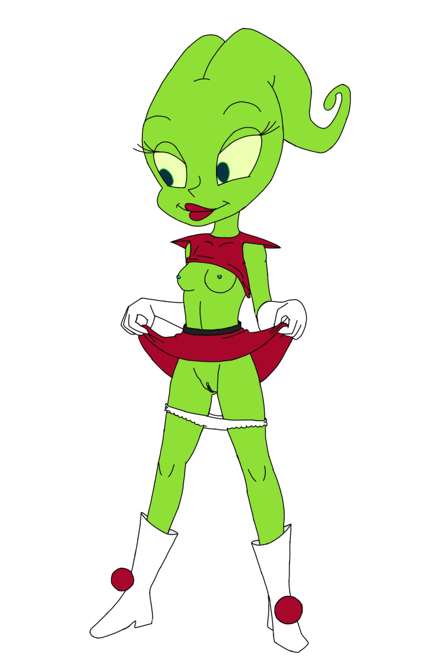 1girl 1girl 外星人 Alien_girl bare_legs blue_nipples 乳房 dulehan 眉毛 睫毛 Female_only green_eyes green_skin 膝盖 唇膏乳头 peep_(tom_and_jerry) 阴部阴户 red_lipstick red_shirt red_skirt sexy sexy_breasts tom_and_jerry_blast_off_to_mars 脱衣服 white_boots white_gloves 白色内裤