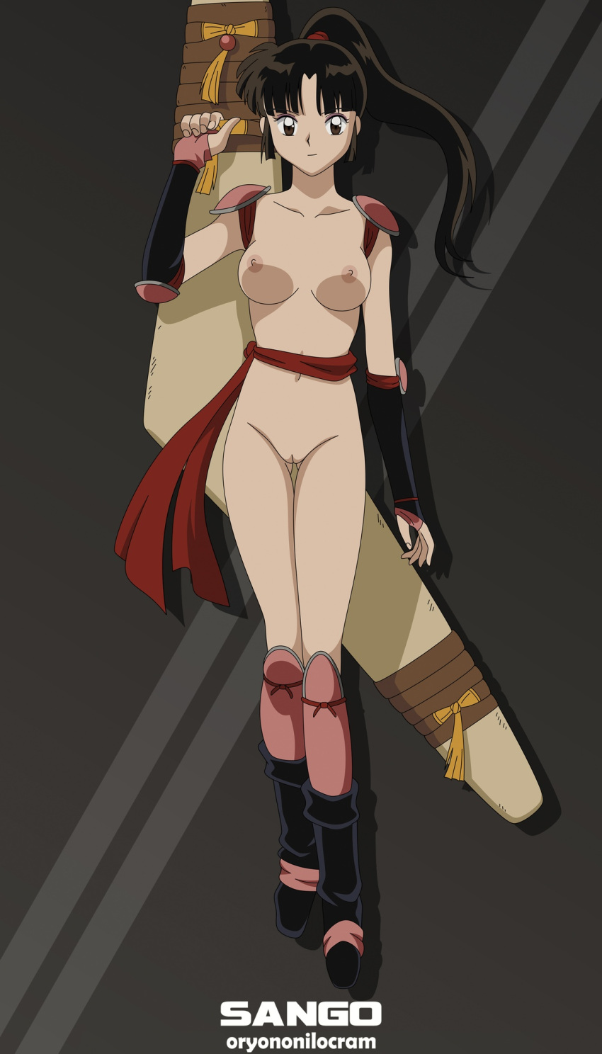 1girl 1girl 诱人的 黑发 乳房 棕色眼睛 裂开的金星 肘部 手套 手套 高清晰度 平光 犬夜叉 中等乳房 乳头 裸体 裸体过滤器 oryononilocram 马尾辫 猫 sango sango_(inuyasha) 腰带第三方编辑