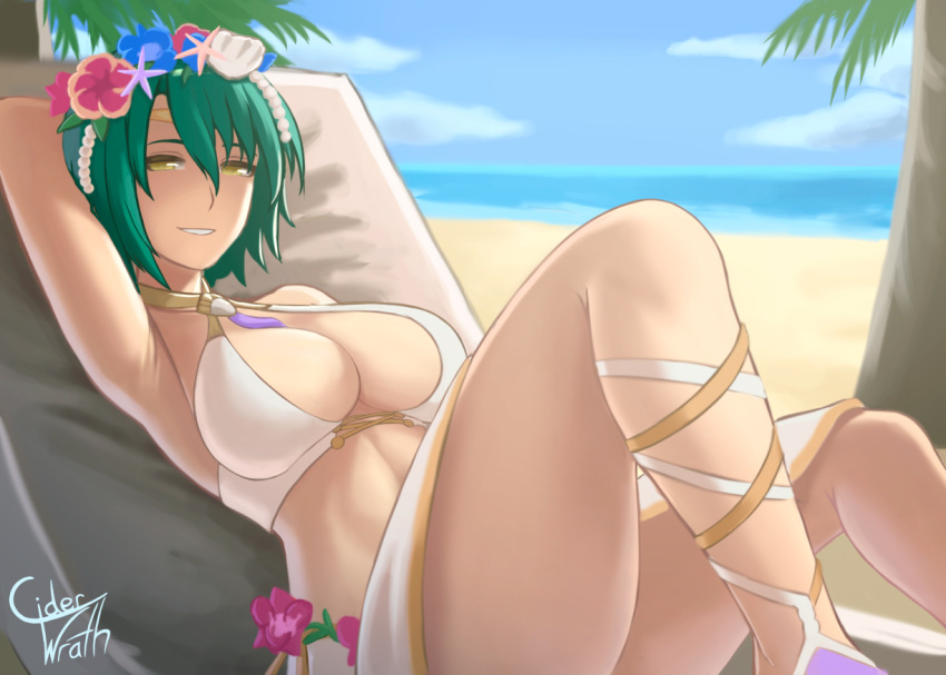1girl 1girl 1girl 诱人的altern_costume Arms_behind_head bare_legs beach big_breasts 比基尼乳房ciderwrath 乳沟female_only fire_emblem fire_emblem_heroes 花绿色_头发 咧嘴一笑头发_花腿浅肤色_女性浅肤色look_at_viewer 任天堂海洋_海豚ficial_alternate_costume 外短_头发坐式微笑泳衣thorr_(fire_emblem)索尔_(夏天)_(火徽) 白色_比基尼 白色_泳衣 黄色_眼睛