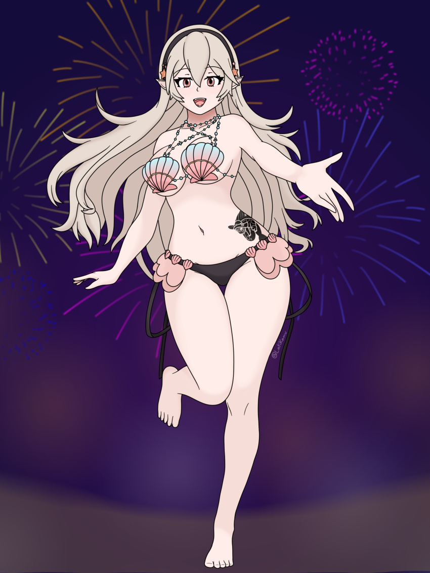 1girl 1girl 2024 诱人的alternate_costume 裸腿 比基尼乳房 corrin_(fire_emblem) corrin_(fire_emblem)_(female) Female_only fire_emblem fire_emblem_cipher fire_emblem_fates 烟花 latikamulooking_at_viewer new_year 任天堂ficial_alternate_costume open_mouth shell_bikini 泳衣 纹身 龙年