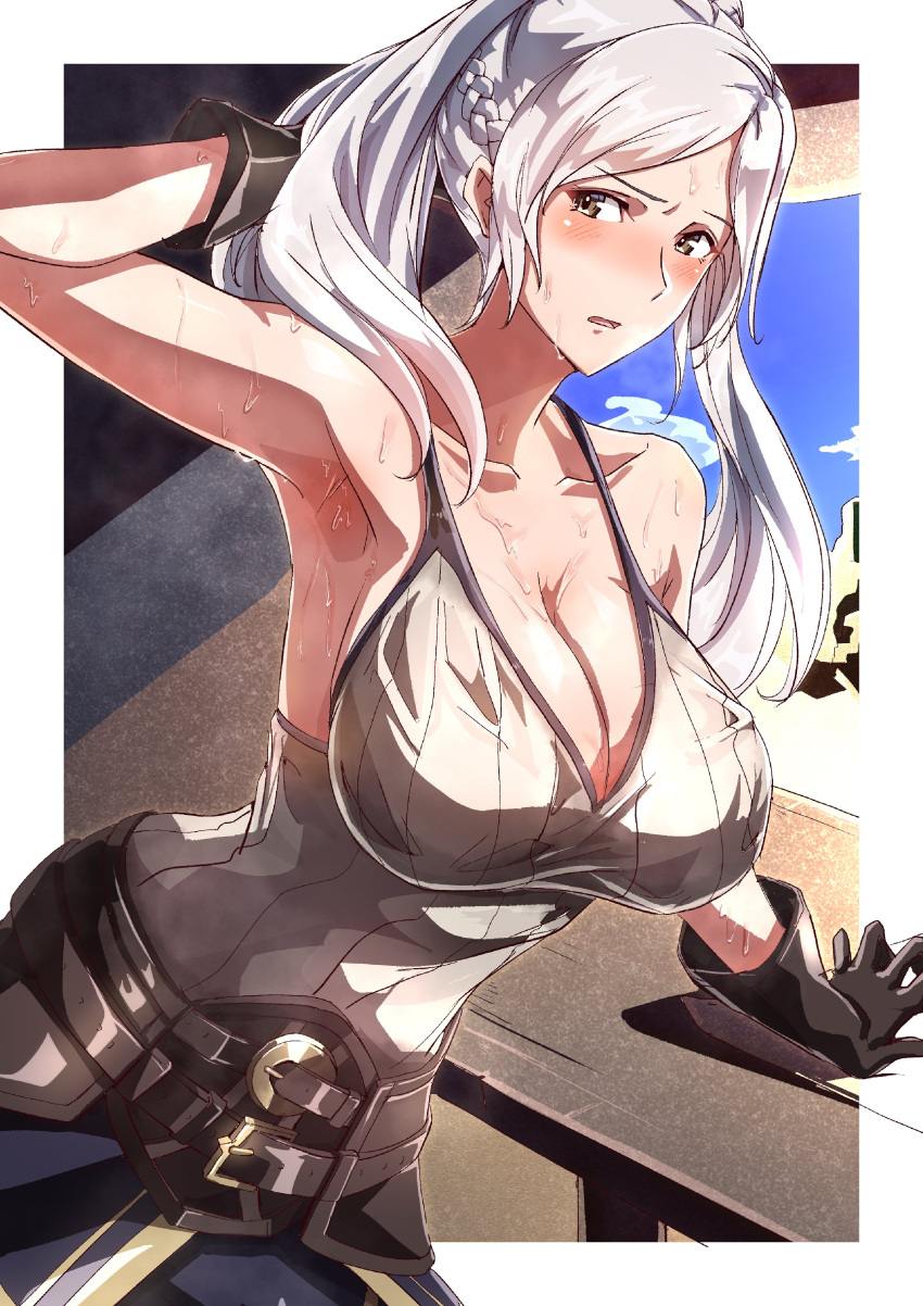 1girl 诱人的大胸脸红乳房乳沟 fire_emblem fire_emblem_awakening 任天堂 robin_(fire_emblem) robin_(fire_emblem)_(女) 汗水_(tototo_tk) twin_tails 白色_边框 白色_头发