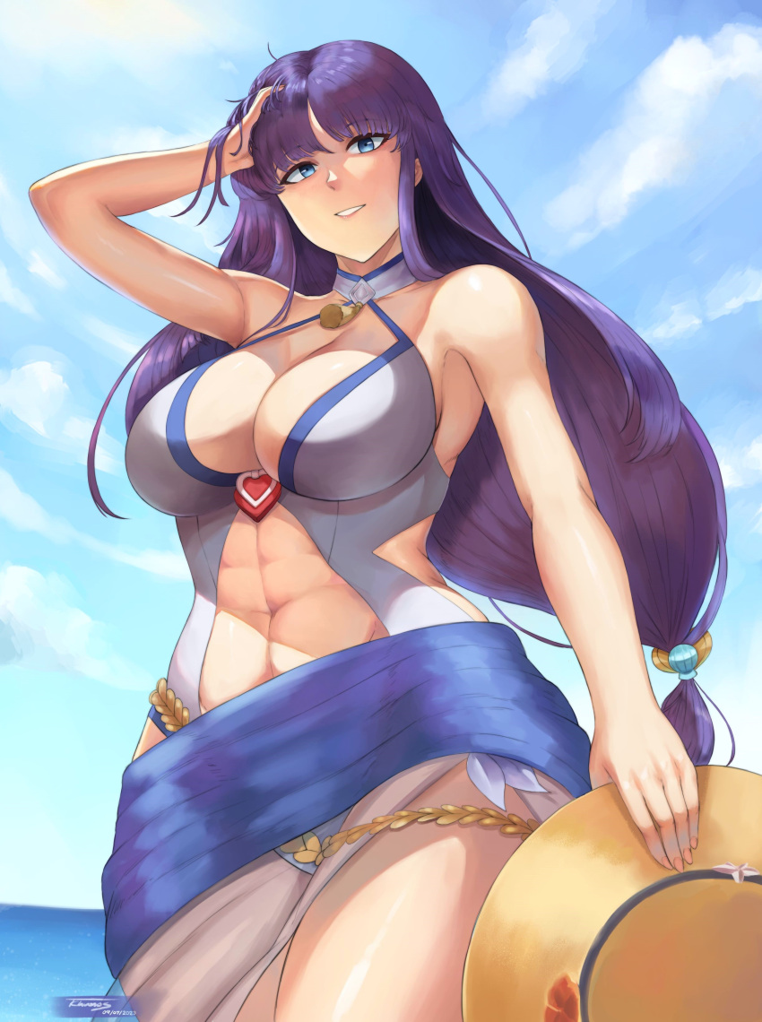 1girl 1girl 1girl 绝对absurd_res 诱人的alternate_costume altina_(fire_emblem) altina_(summer)_(fire_emblem) sports_female bare_shoulders big_breasts blue_eyes blue_sky chestscasual_one-piece_swimsuit 乳沟锁骨约会female_abs Female_only fire_emblem fire_emblem:_radiant_dawn fire_emblem_heroes fit_female grey_one-件_泳衣 灰色_泳衣 咧嘴笑 举起帽子 高清晰度 拿着 拿着衣服 拿着帽子长发 看着观众肚脐 任天堂海洋 官方备用服装 连体泳衣 外面 紫色头发 签名 天空微笑 站立泳衣 颞侧计时very_long_hair