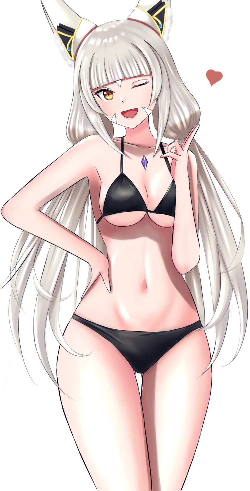 1girl 1girl ;d荒谬_res诱人的动物耳朵比基尼黑色比基尼钝刘海胸部胸部宝石乳沟面部标记手上自己的臀部高解析度长发看着观众低双尾中等乳房尼亚（刀片）尼亚（异刀片）尼亚（异刀片）单眼闭口张开嘴简单背景微笑泳装双胞胎尾巴非常_长发白色_背景 xenoblade_(系列) xenoblade_chronicles_2 黄色_眼睛