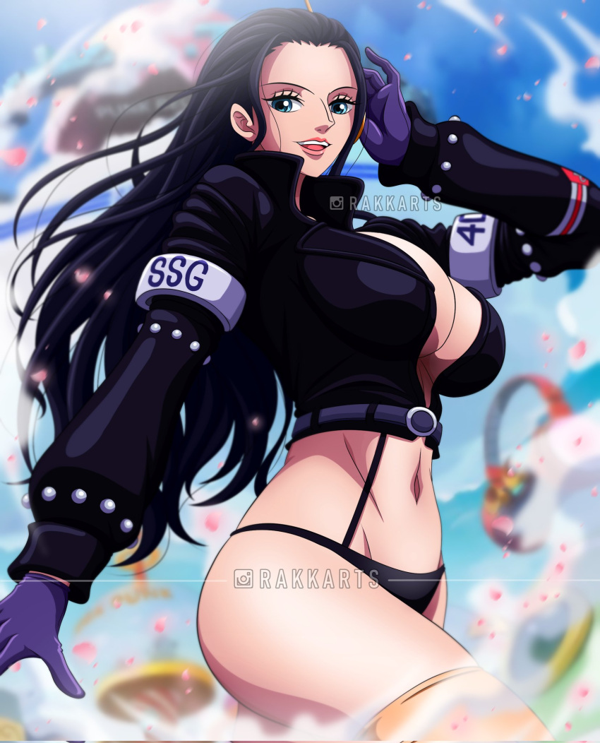 1girl 1girl 大乳房 黑色头发 黑色内裤 乳房 腿 长发 成熟女性 nico_robin 连体内裤 性暗示 独奏焦点 内衣