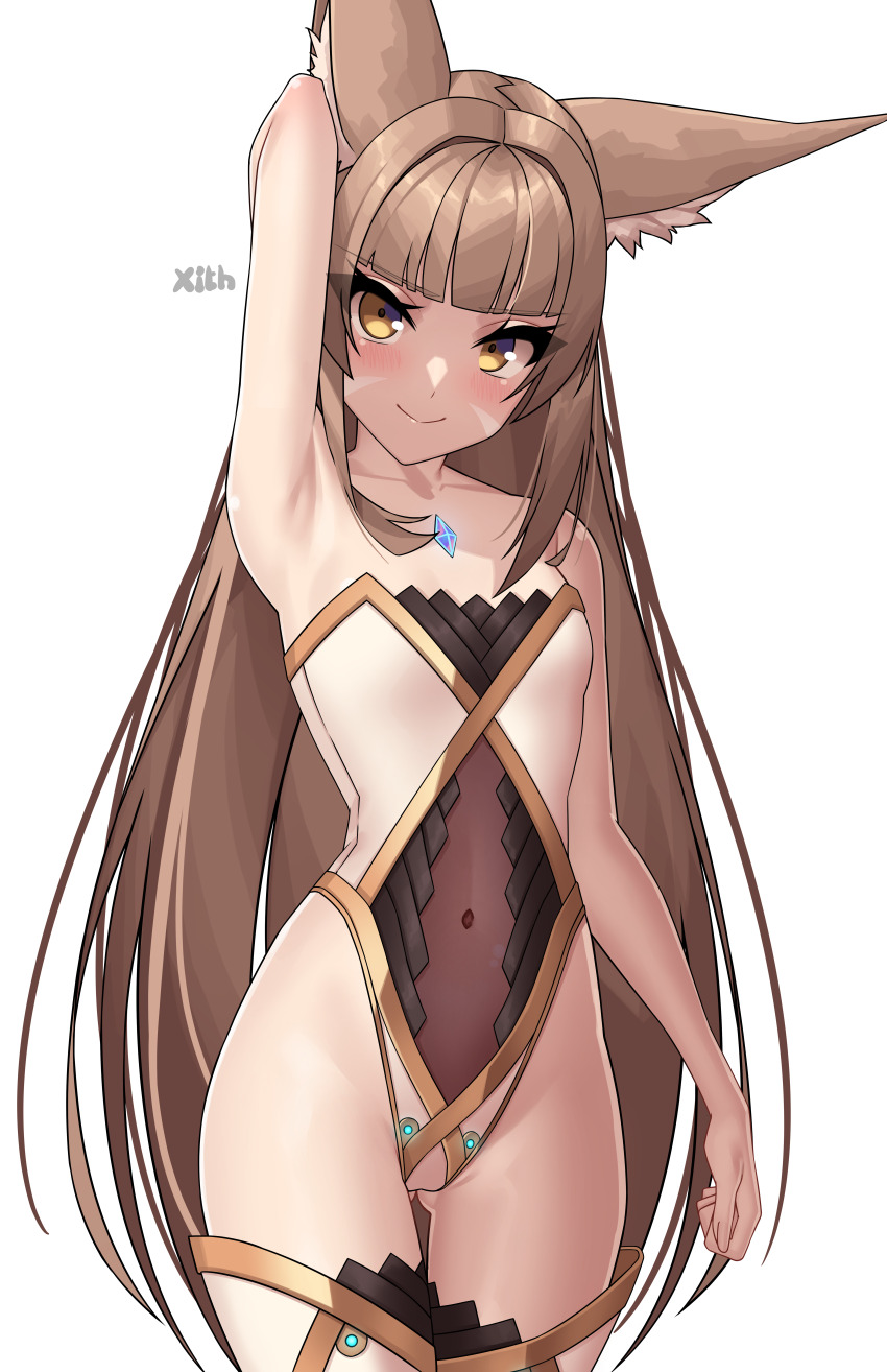 1girl 1girl 荒诞_res 诱人 动物_耳朵_绒毛 动物_耳朵 手臂_向上 艺术家姓名 裸露的肩膀 钝_刘海 腮红 靴子 乳房 棕色_眼睛 棕色_头发 胸部_宝石 闭嘴 锁骨 评论 覆盖_肚脐 牛仔_射击 英语_评论 睫毛 臀沟_褶皱 金色_修剪 头发_摄入 高分辨率 高腿 高腿_紧身衣 紧身衣 长发 看着观众 nia_ (blade)_(xenoblade) nia_(xenoblade)paid_reward_available 透明侧锁 simple_background小乳房 微笑 大腿_高_靴子 大腿 非常_长_头发 白色_背景 白色_紧身衣 x_xith_x xenoblade_（系列） xenoblade_chronicles_2