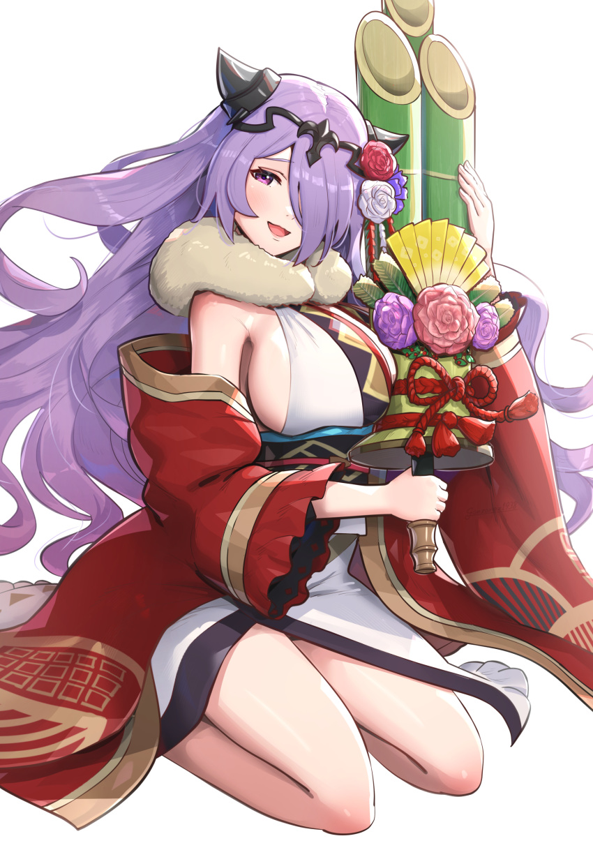 1girl 1girl 诱人的替代服装 大胸 乳房 卡米拉_(fire_emblem) 卡米拉_(new_year)_(fire_emblem) 乳沟 女性_only fire_emblem fire_emblem_fates fire_emblem_heroes 花冈萨雷斯 头发_花 头发_装饰品 头发_over_one_eye 高分辨率 长发 看着_观众新年 任天堂 官方_替代_服装 粉色_眼睛 紫色_头发 sideboob 微笑 大腿
