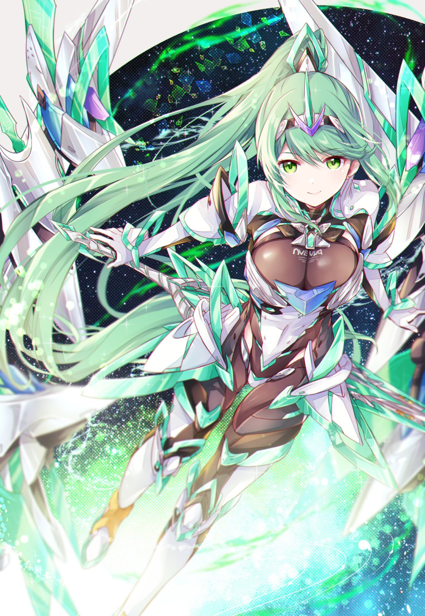 1girl 1girl 诱人盔甲 大胸奶子 绿眼 绿发 高分辨率 长发 pneuma_(xenoblade) 马尾辫 ui_frara very_long_hair 白色盔甲 xenoblade_(系列) xenoblade_chronicles_2