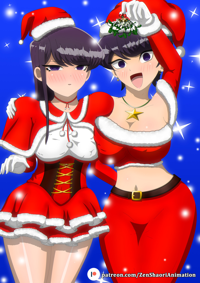 2_girls Artist_request 大乳房 black_hair 乳房 圣诞节 christmas_ornaments komi-san_wa_komyushou_desu komi_shouko komi_shuuko long_hair 成熟_女性迷你裙 mother_&_daughter multiple_girls santa_claus santa_claus_(cosplay) 性暗示短发裙子 zen-shaori_animation