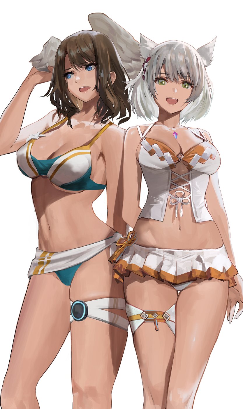 2_girls 诱人的刘海 bare_shoulders big_breasts 比基尼 blue_bikini blue_eyes blue_泳装 腮红 breast_tattoo 乳房 Brown_hair cat_ears catgirl 乳沟 core_crystal eunie_(xenoblade) Female_only hartman_hips high_res j@ckmedium_breastsmedium_hair midriff mio_(xenoblade) multiple_girls 肚脐 nintendo Orange_bikini橙色泳衣 短发 银发 简单背景 裙子 微笑 泳装 纹身 大腿粗 大腿带 大腿 白色毛翅膀 头上的翅膀 Xenoblade_(系列) xenoblade_chronicles_3 Yellow_eyes