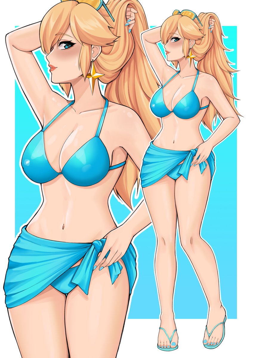 1girl 2020s 2024 alluring big_breasts bikini blonde_hair blue_bikini blue_eyes blue_nails breasts close-up earrings eyebrows_visible_through_hair feet female_only flip_flops long_hair looking_at_viewer mario_(series) nail_polish nintendo princess_rosalina rosalina saikoartanime smile star_earrings sunglasses sunglasses_on_head super_mario_bros.