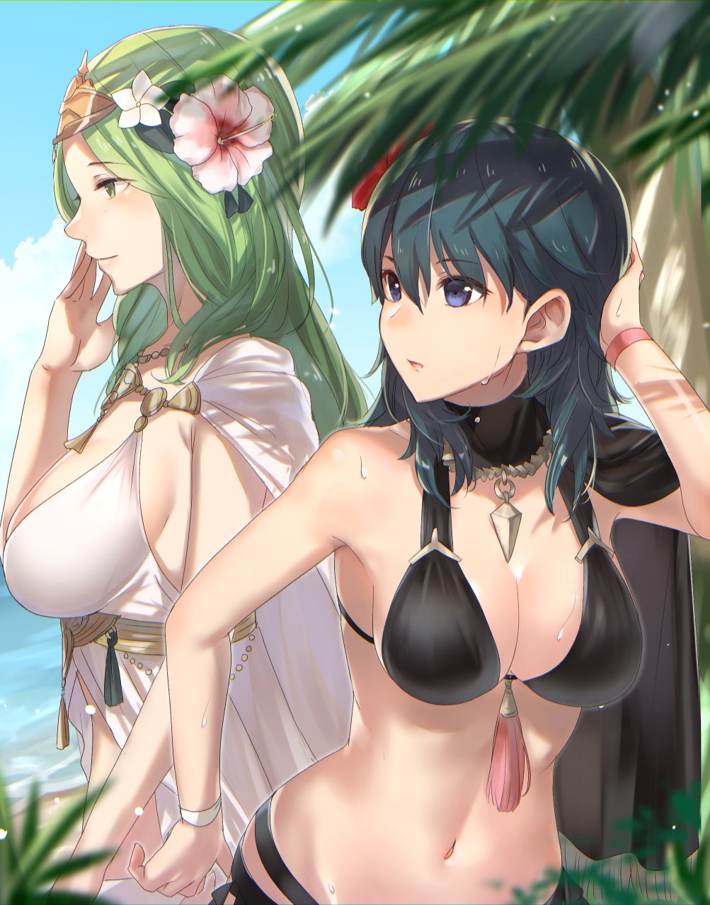 2_girls 诱惑 bare_arms bare_shoulders 大胸 比基尼 black_bikini black_泳衣 blue_eyes byleth_(fire_emblem) byleth_(fire_emblem)_(女) byleth_(fire_emblem)_(female)_(summer) 乳沟 女_only fire_emblem fire_emblem:_ Three_houses fire_emblem_heroes 花_in_hair green_eyes green_hair haru_(nakajou-28) harunn2288长发中腰 官方备用服装 rhea_(fire_emblem) rhea_(summer)_(fire_emblem) 汗水泳衣 青色_头发 湿湿_身体 白色_比基尼 白色_泳衣