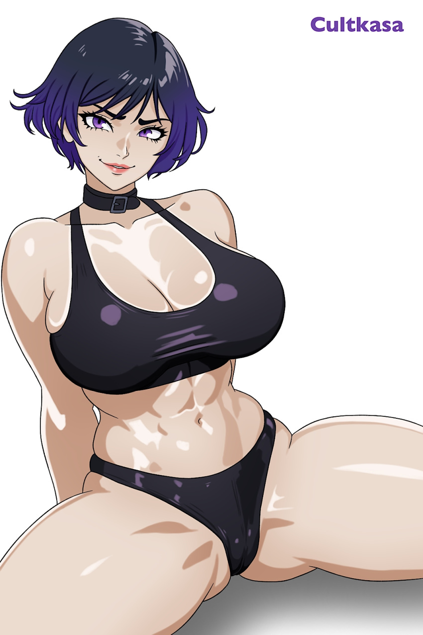 1girl 1girl 1girl 腹肌 诱人 运动女性 大乳房 乳房 乳沟 领子 cultkasa Female_abs Female_only fit_female namco reina_(tekken) 短发 坐 spread_legs tekken tekken_8 厚大腿 白色背景