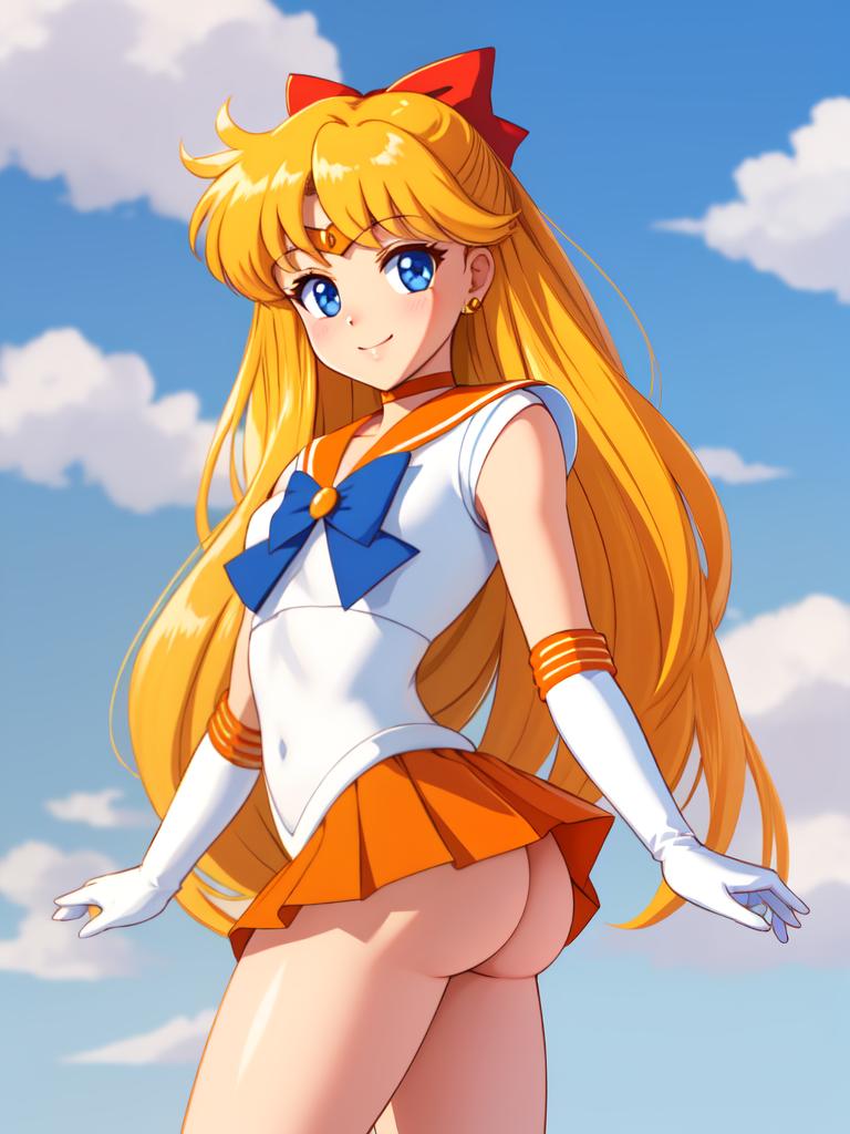 1girl ai_generate ass bishoujo_senshi_sailor_moon 金发女郎 头发 蓝色眼睛 云 cloudy_sky 女性焦点 手套 长发looking_at_viewer 迷你裙 丝带 sailor_collar sailor_senshi_uniform sailor_shirt sailor_venus衬衫裙子天空small_breasts smile 头饰 young_female