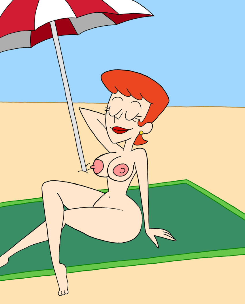 1girl 1girl 2024_post beach_towel beach_umbrella乳房乳房cartoon_network close_eyes close_mouth dexter's_laboratory dexter's_mom耳环编辑眉毛睫毛脚female_only mrbiteo肚脐乳头裸体裸体_海滩裸体_女性橙色_头发粉色_乳头红色_口红性感坐脚趾伞