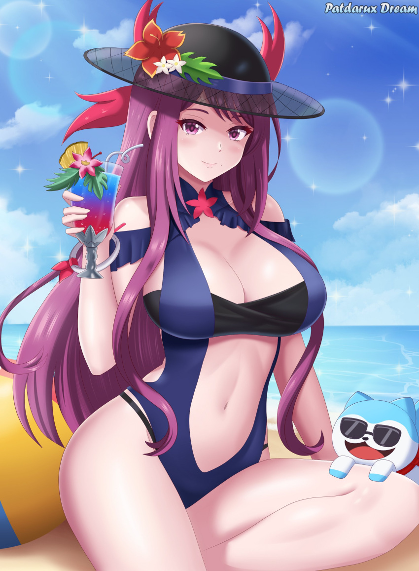 1girl 1girl 2024 诱人的alternate_costume Artist_name beach beach_ball big_breasts blue_one-piece_swimsuit blue_swimsuit 乳房乳沟饮料female_only fire_emblem fire_emblem_engage fire_emblem_heroes 帽子high_res ivy_(fire_emblem) ivy_(summer)_(fire_emblem) light-skinned_female light_skin long_hairlooking_at_viewer navel nin tendo 官方_替代_服装连体_泳衣 patdarux 紫色_眼睛 紫色_头发 沙色Sea sommie_(fire_emblem) 墨镜泳衣水印