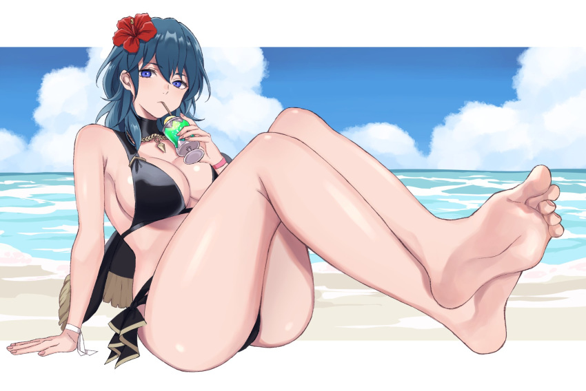 1girl 1girl 诱人的arm_support bare_legs 赤脚 海滩 big_breasts 比基尼 black_bikini blue_eyes byleth_(fire_emblem) byleth_(fire_emblem)_(female) byleth_(summer)_(fire_emblem)_(female) crossed_legs cuboon 喝脚 fire_emblem fire_emblem:_ Three_houses fire_emblem_heroes smart_systems 腿looking_at_viewer 中等_头发任天堂海洋外部分辨率_不匹配沙坐鞋底源_较大泳衣青色_毛脚趾