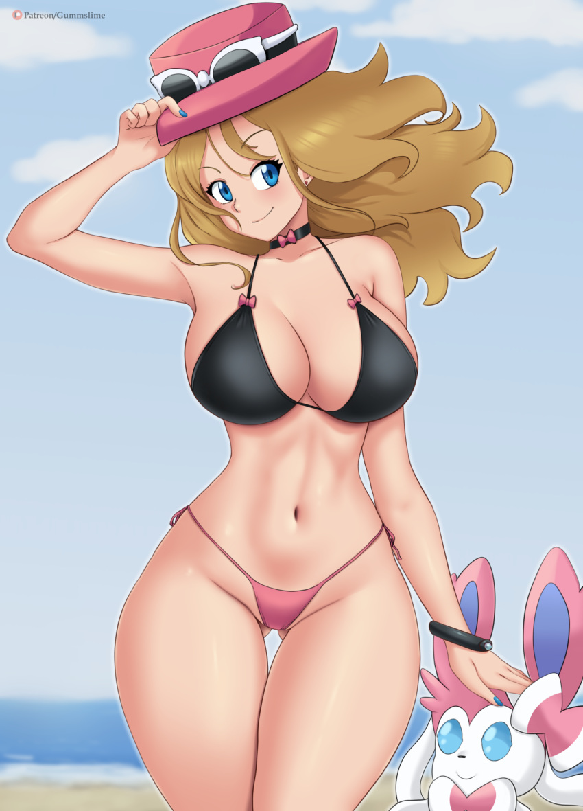 1girl 诱人 大胸 比基尼 金发女郎 头发 蓝眼睛 乳沟 deviantart fanbox_reward 口香糖 史莱姆 口香糖路 任天堂 patreon 宠物小精灵 宠物小精灵_(动漫) 宠物小精灵_xy 瑟琳娜_(宠物小精灵) 西尔文