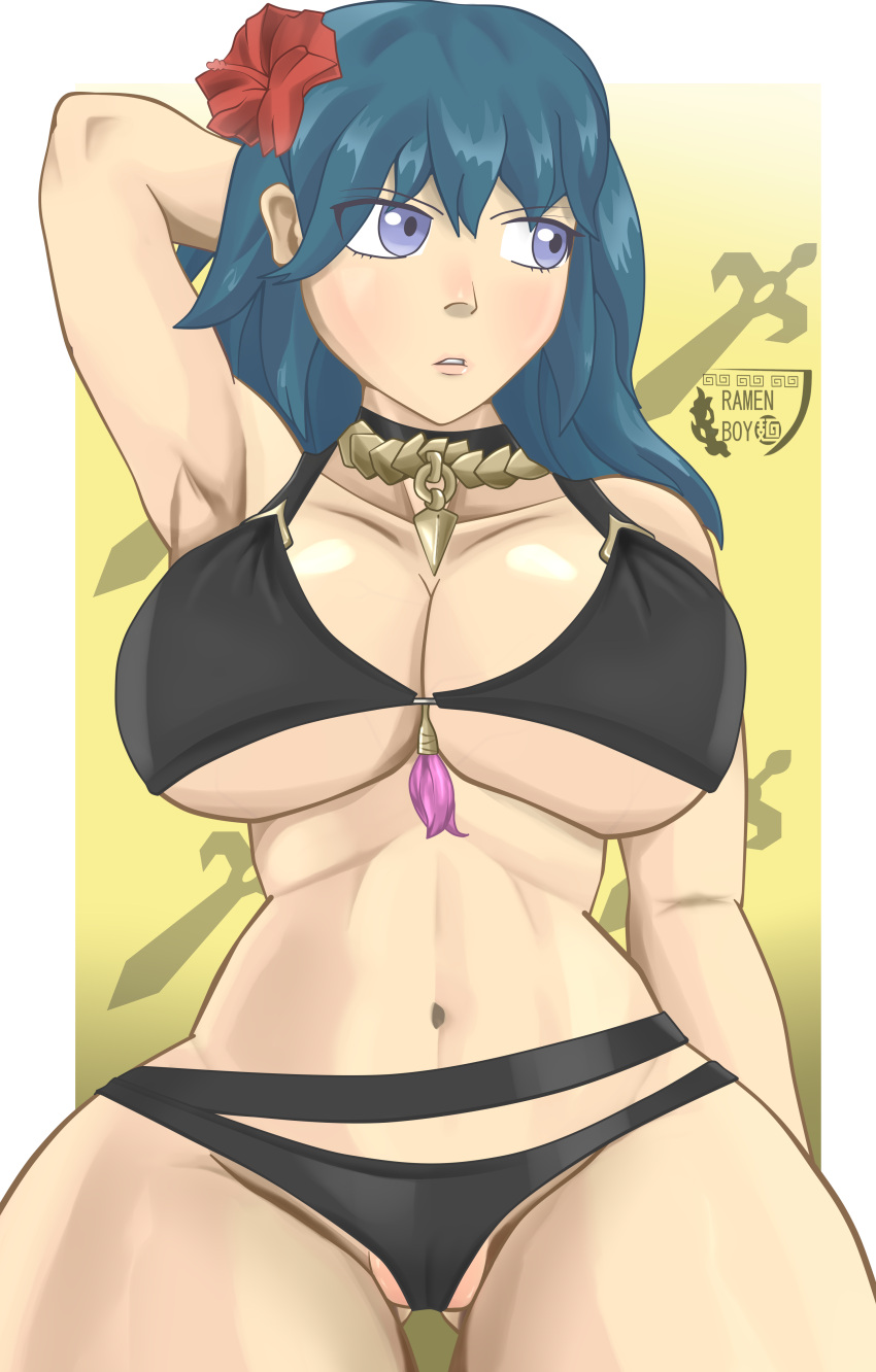 1girl 诱人的alternate_costume ass_visible_through_thighs big_breasts 比基尼black_bikini black_泳装blue_eyes 乳房byleth_(fire_emblem) byleth_(fire_emblem)_(female) byleth_(summer)_(fire_emblem)_(female) 乳沟female_only fire_emblem fire_emblem:_ Three_houses 花hair_flower 任天堂ficial_alternate_服装 猫 ramenboy17 泳衣 青色头发 厚大腿 胸部下方