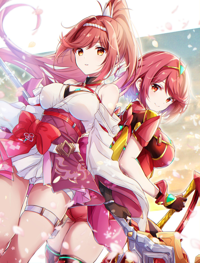 2_girls aegis_sword_(xenoblade) 诱惑裸露肩膀 大胸 胸部 胸部宝石乳沟 core_crystal_(xenoblade) 十字交叉挂脖 分离式袖子 耳环 无指手套 微光_(xenoblade) 手套 发带 挂脖头饰 高马尾 高清晰度 日本衣服 珠宝 和服 长发looking_at_view呃，妈妈_&_女儿 multiple_girls 任天堂 腰带 马尾辫 皮拉 红眼睛 红发 腰带 短发 短裤 微笑丝袜 扫过的刘海 头饰 双色发带 ui_frara 白色和服 xenoblade_(系列) xenoblade_chronicles_2 xenoblade_chronicles_3 xenoblade_chronicles_3:_future_redeemed