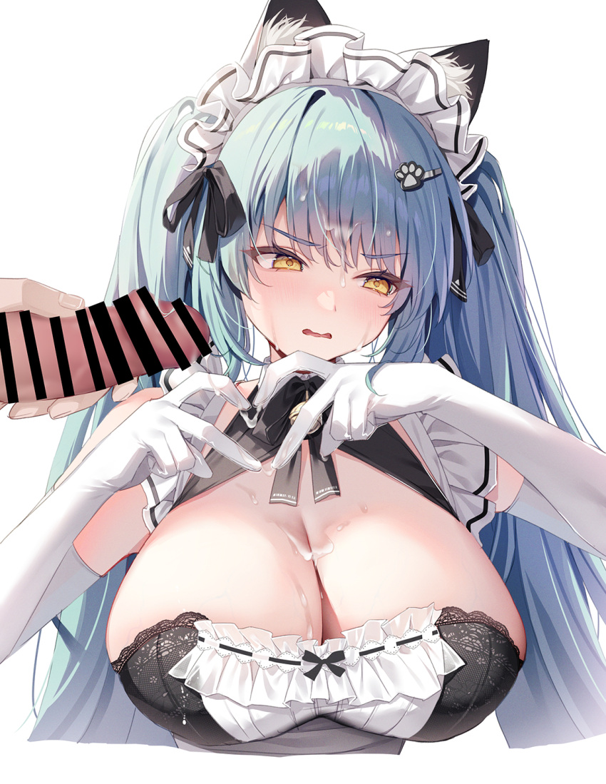 1boy 1girl 动物 Animal_ear_fluff 围裙 大乳房 blue_hair 乳房 审查暨 cum_on_body cum_on_breasts 脸部手套 god_of_victory:_nikke heart heart_hands high_reslooking_to_the_side 女仆 maid_apron 官方备用服装 阴茎 privaty_(nikke) twin_tails yatanukikey Yellow_eyes