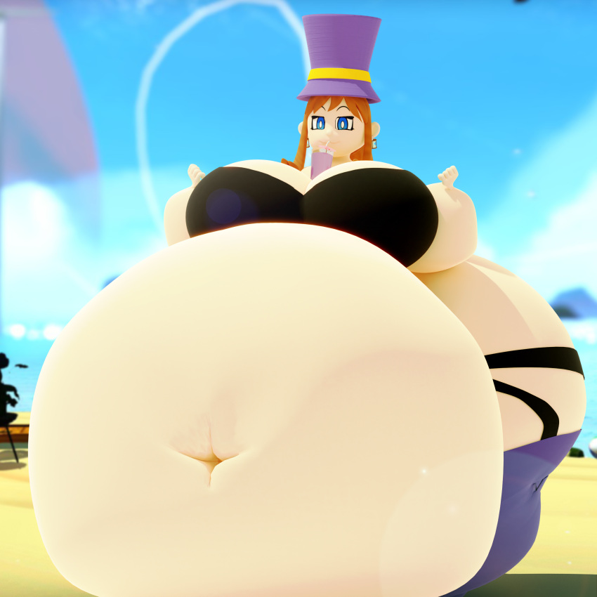 1girl a_hat_in_time bbw 海滩 big_breasts 比基尼 boba_tea_challenge 乳房 饮料 hat_kid 巨大的屁股 巨大的腹部 肥胖 丰满 厚大腿