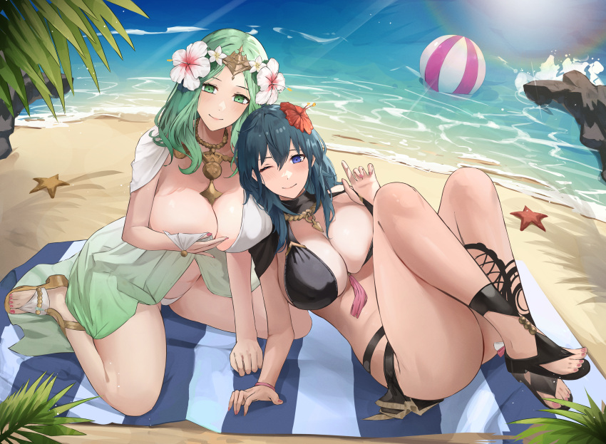 2_girls absurd_res 球海滩 beach_towel beachball big_breasts 比基尼 black_bikini blue_eyes 乳房 byleth_(fire_emblem) byleth_(fire_emblem)_(female) byleth_(summer)_(fire_emblem)_(female) 乳沟委员会 Commissioner_upload elvandec 脚 fire_emblem fire_emblem:_ Three_houses fire_emblem_heroes 花 full_body 绿色_眼睛绿色_头发头发_花头发装饰品 高清晰度 看着观众 多重女孩 任天堂官方备用服装 单眼闭外 雷亚_(火_徽章) 雷亚_(夏天)_(火_徽章) 侧乳微笑 泳衣 青色_发巾 vgen_commission 水 白色_比基尼