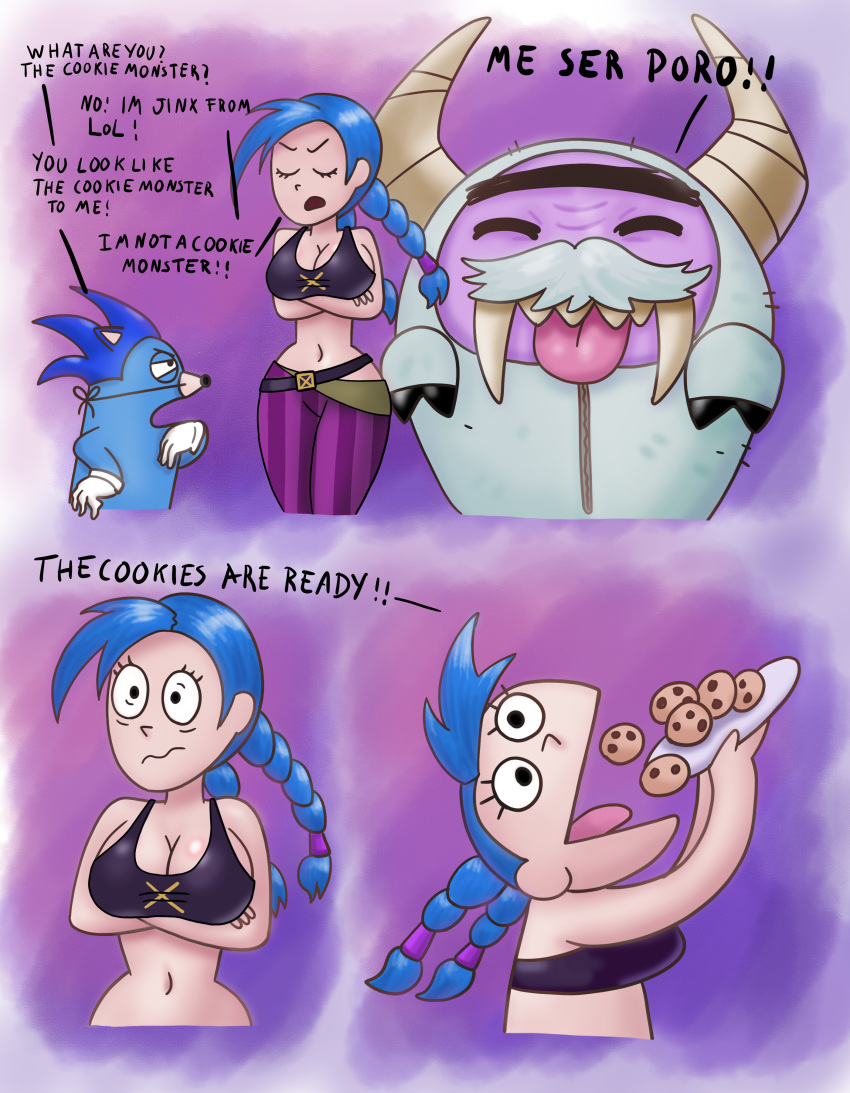 1female 1girls 愤怒 big_breasts black_topwear 辫子_头发 乳房 character_request 吃饼干 english english_commentary english_language front_view jeans jinx_(league_of_legends) league_of_legends light-skinned_female light_skin long_hair 内裤 riot_games saf-404 saf_404 safartwoks safartworks under_boob video_游戏角色白色背景