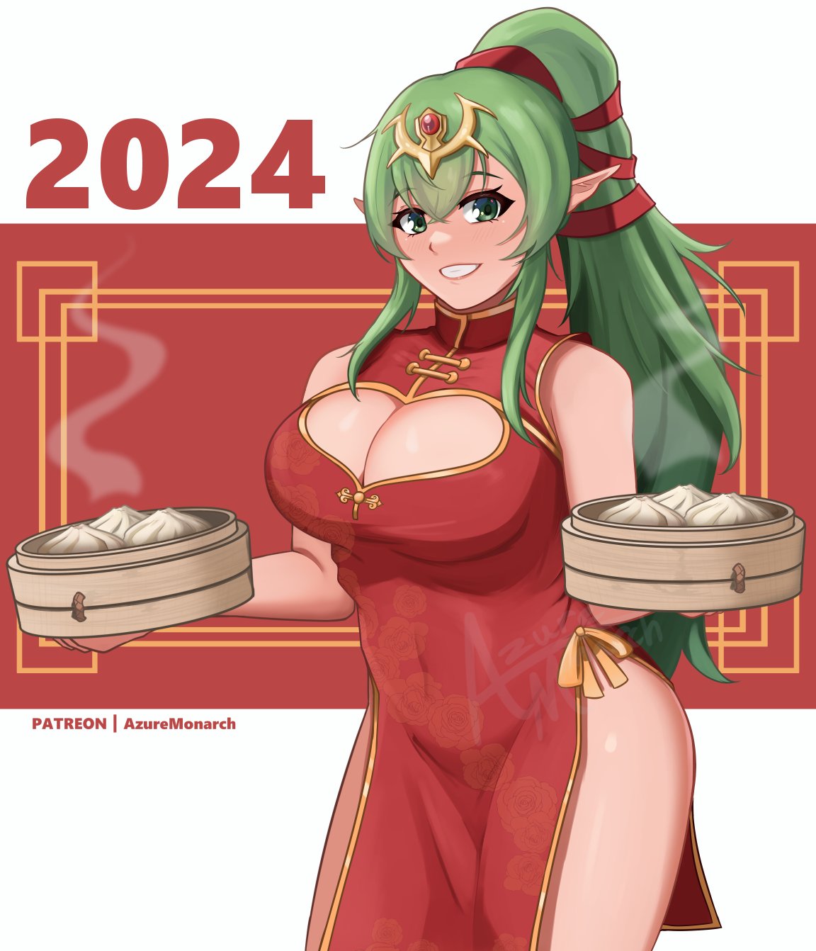 1girl 1girl 1girl 2024 诱人的替代服装 天蓝色君主 大胸 胸部 中国衣服 乳沟 女性专用 fire_emblem fire_emblem_awakening green_eyes green_hairlooking_at_viewer nintendo pointy_ears 马尾辫 tiki_（成人）_（fire_emblem） tiki_（fire_emblem）year_of_the_dragon