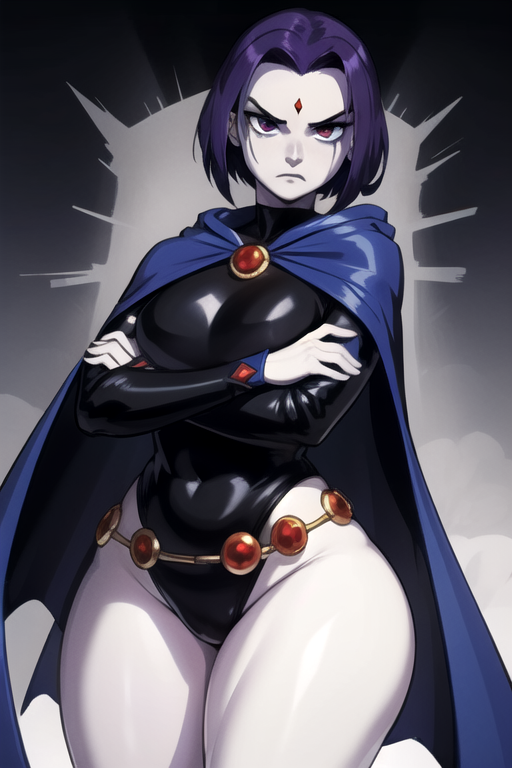 1girl ai_generate 腰带 big_breasts 乳房 斗篷 daidouji_(artist) daidoujipv dc_comics 女性 grey_skin hips hooded_cloak 紧身衣looking_at_viewer Purple_eyes Purple_hair rachel_roth raven_(dc) 独奏 tagme teen_titans 厚_大腿 Wide_hips