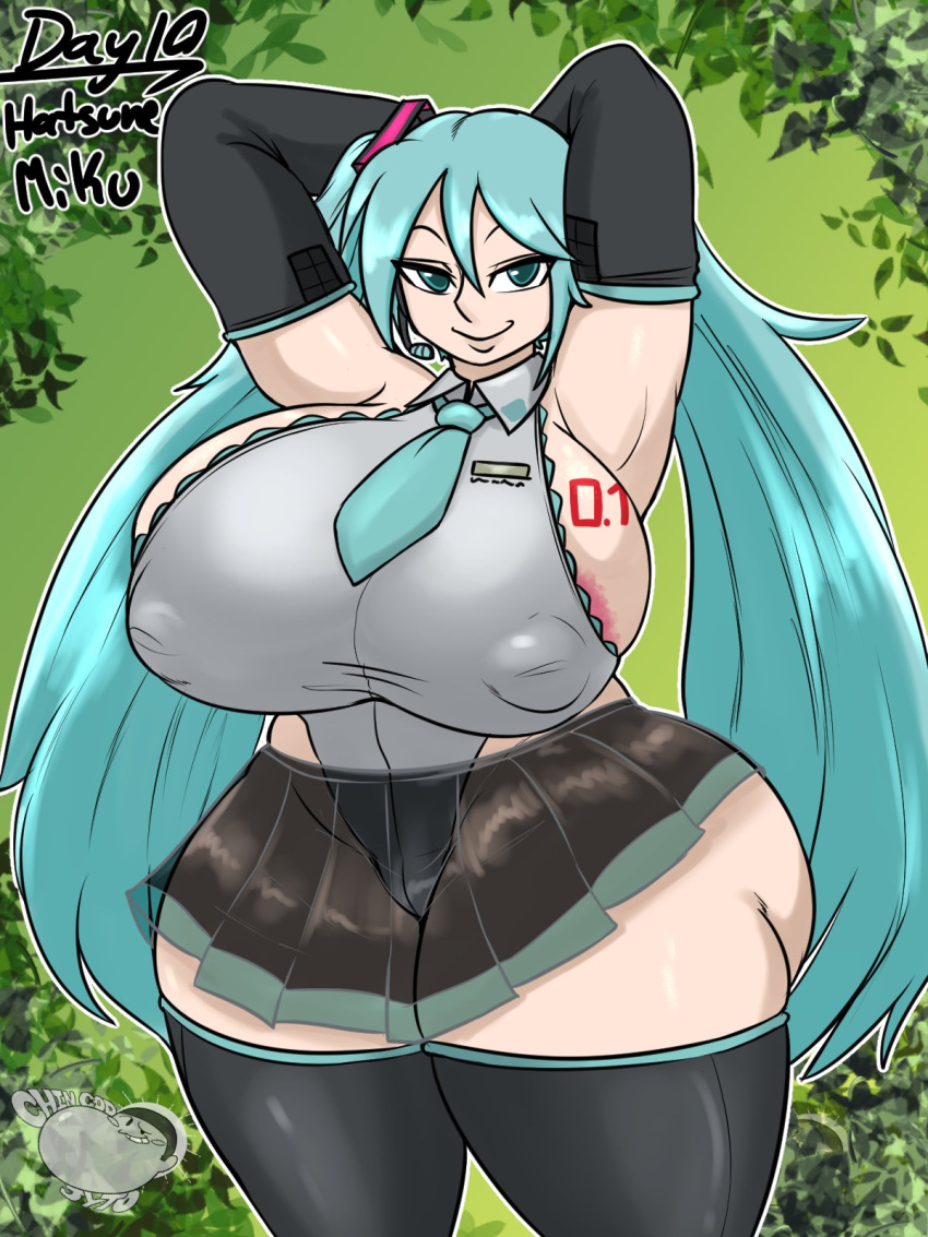 1girl Arms_behind_head big_ass big_breasts miku_hatsune nipples_visible_through_clothing 裙子 傻笑 沾沾自喜大腿_high_boots 领带VOCALOID Wide_hips