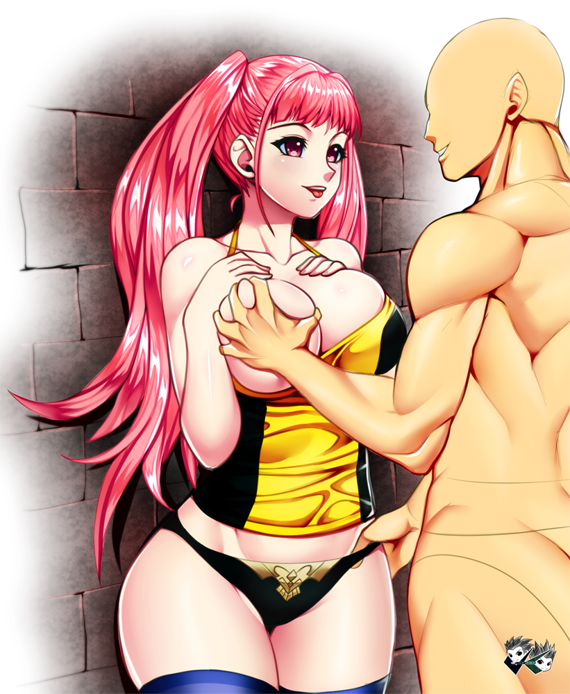 1boy 1girl 1girl against_wall big_breasts 乳房_抓衣服_female_nude_male 不露面faceless_male fire_emblem fire_emblem:_ Three_houses 摸索 hilda_valentine_goneril jamenkaiba long_hair 男性内裤 粉红色_眼睛 粉红色_头发 丝袜 背心_上衣 厚_大腿 舌头_出 双_尾巴 水印 宽_臀部