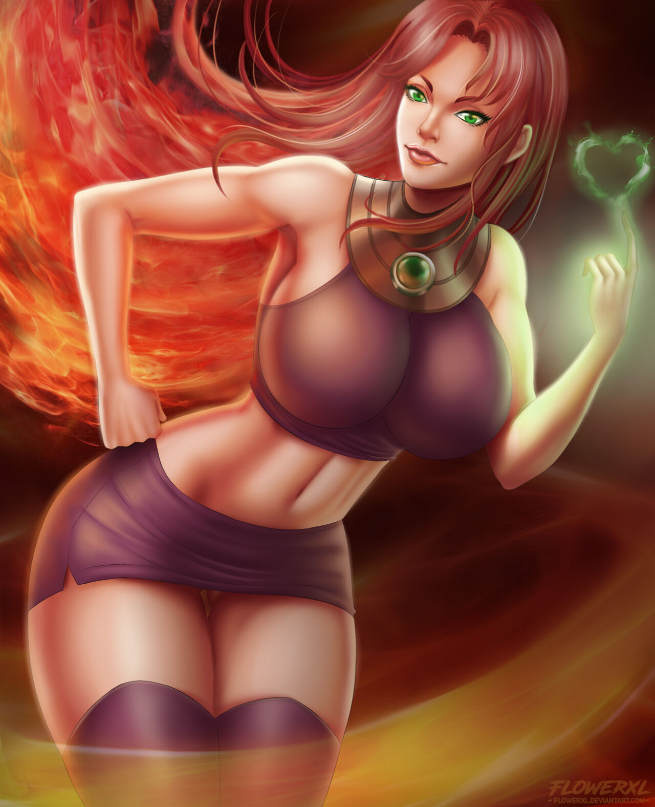 1female 1girl 外星人 Alien_girl Artist_logo big_breasts 乳房 燃烧 曲线优美 curvy_female dark_background dc dc_comicsfemale_focus 火健身flowerxl green_eyes heart high_heels human koriand'r light-skinned_female light_skin long_hairlooking_at_viewer Purple_high_heels Purple_skirt Purple_topwear red_hair 显示_衣服裙子 Solo_female alone_focus starfire stocking teen_ti晒黑 大腿 腰部
