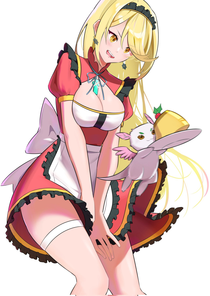 1boy 1creature 1girl 诱人的围裙 azurda Between_legs 金发_头发 脸红 乳房 乳沟 耳环 尴尬的高分辨率珠宝 紧身衣 长发 看着另一个 女仆围裙 女仆头饰 神话 任天堂 张开嘴 闪亮的皮肤 裙子 站立 超短裙 Xenoblade_(系列) xenoblade_chronicles_2 Yellow_eyes