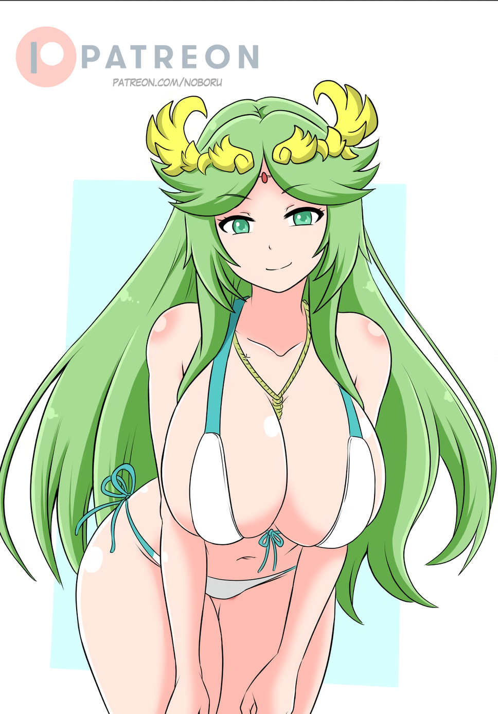 1girl 1girl 1girl 诱人的 大胸 比基尼 乳沟 Female_only green_eyes green_hair Kid_icarus long_hair 任天堂 noboru palutena pin_up