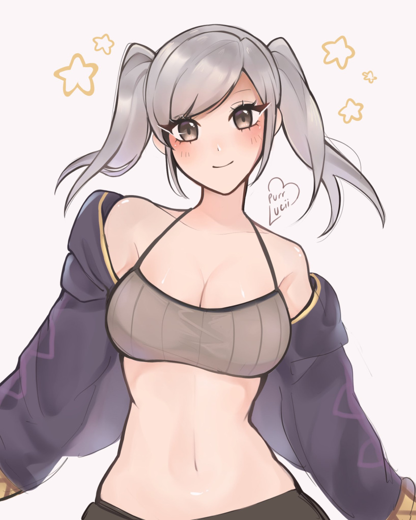 1girl 1girl 1girl 诱人抹胸 裸肩 乳房 吊带背心 乳沟 评论 english_commentary Female_only fire_emblem fire_emblem_awakening grey_background grey_eyes grey_hair high_res jack long_hair long_sleeveslooking_at_viewermedium_breasts midriff nintendo open_clothes open_jacket Purple_jacket purrlucii robin_(fire_emblem) rob in_(fire_emblem)_(female) simple_background 微笑 扫胃 刘海 双尾 上身
