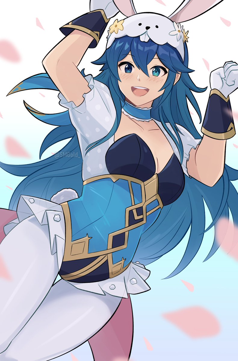 1girl 1girl :d 诱人的animal_ears blue_eyes blue_hair choker锁骨dutch_angle fake_animal_ears fire_emblem fire_emblem_wakening fire_emblem_heroes frilled_choker 褶边手套 gold_trim 高清晰度紧身衣looking_at_viewer lucina lucina_(fire_emblem) lucina_(spring)_(fire_emblem) 超短裙 任天堂ficial_al ternate_costume open_mouth 连裤袜 puffy_short_sleeves puffy_sleevesrabbit_ears 透视短袖裙子 smgold smile下胸白手套