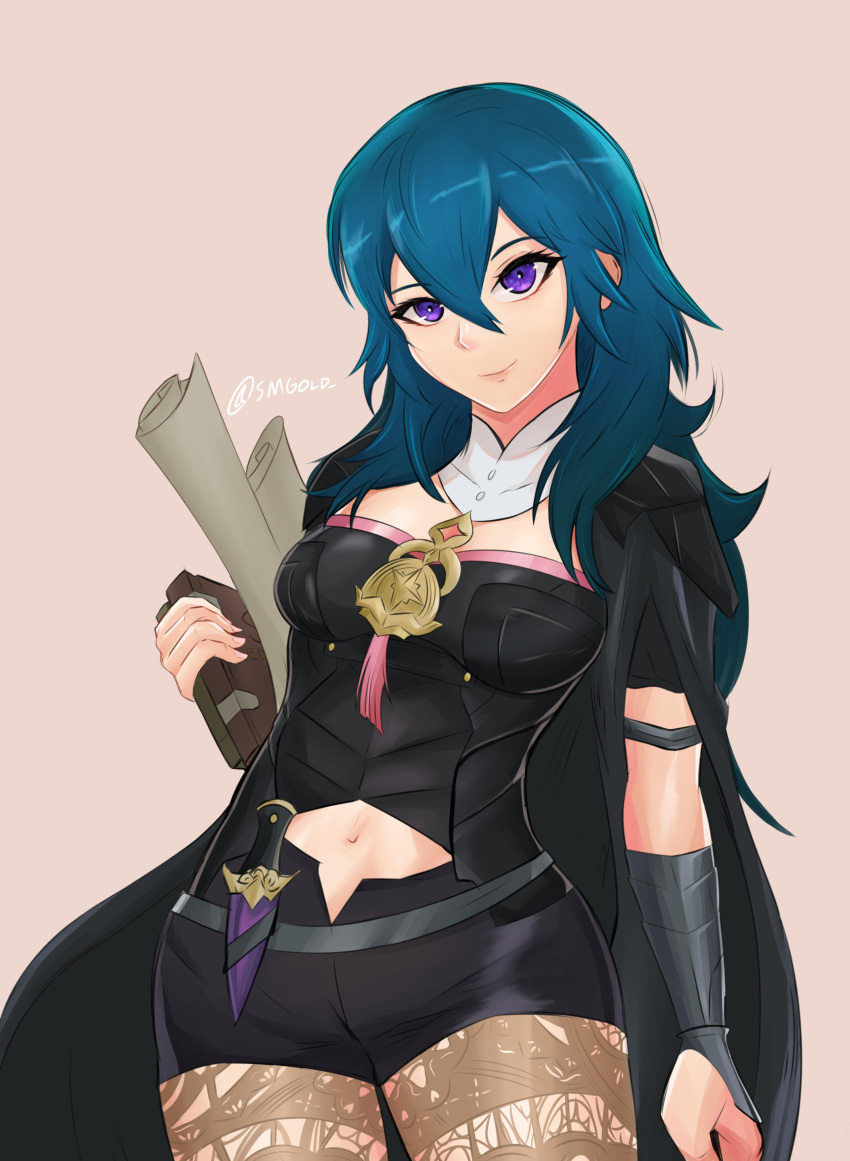 1girl 1girl absurd_res 诱人的 black_cape blue_eyes book byleth_(女)_(fire_emblem) byleth_(fire_emblem) 斗篷 close_mouth fire_emblem fire_emblem:_三间房子 high_res 拿着 拿着_书 刀 长发 任天堂 连裤袜 连裤袜_under_shorts 鞘 鞘短裤 simple_background smgold smile 青色_hair twitter_username