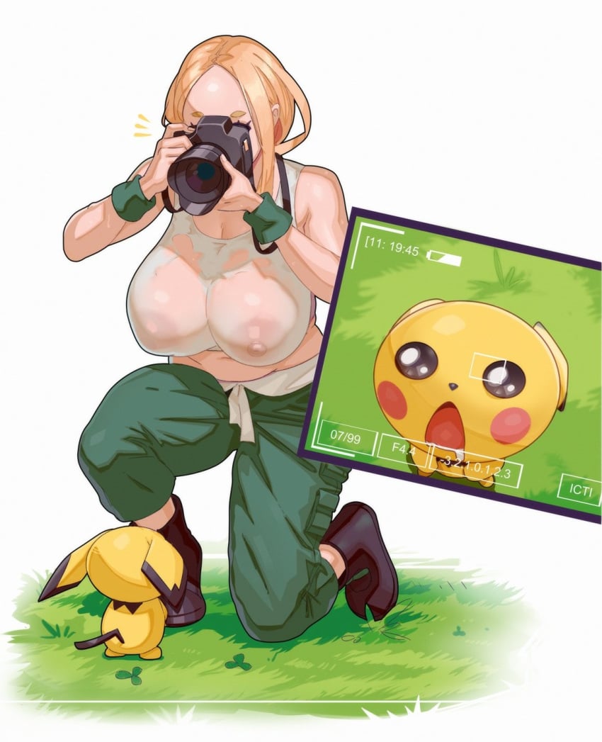 1girl 1pokemon big_breasts 相机暴露_乳房 ictiwinter materclaws 任天堂 pichu pokémon viola_(pokemon)