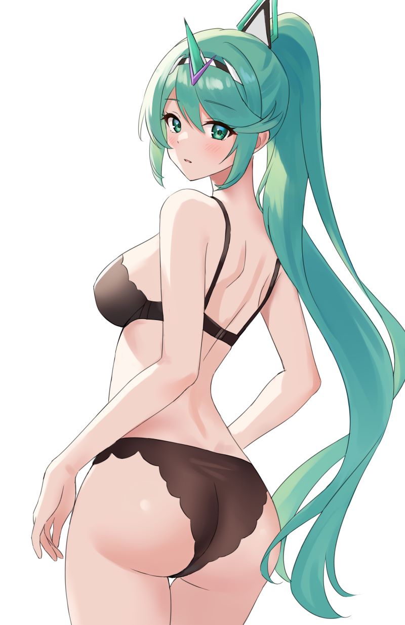 1girl 诱人的屁股 裸肩 大胸 腮红 胸罩 圆环 from_behind green_eyes green_hair 高分辨率喇叭 long_hairlooking_at_viewerlooking_back 任天堂内裤 pneuma_(xenoblade) 马尾辫 sebu_illust sideboob 内衣very_long_hair xenoblade_(series) xenoblade_chronicles_2