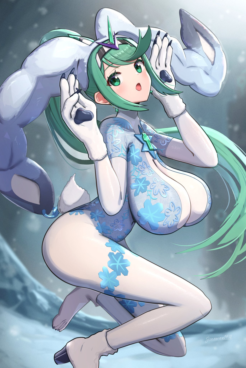 1girl 诱人的 大胸 兔子_耳朵 兔子套装 核心_水晶大丽花_(xenoblade) 冈萨雷斯 green_eyes green_hair 珠宝 任天堂 paws pneuma_(xenoblade) 雪 xenoblade_(系列) xenoblade_chronicles_2