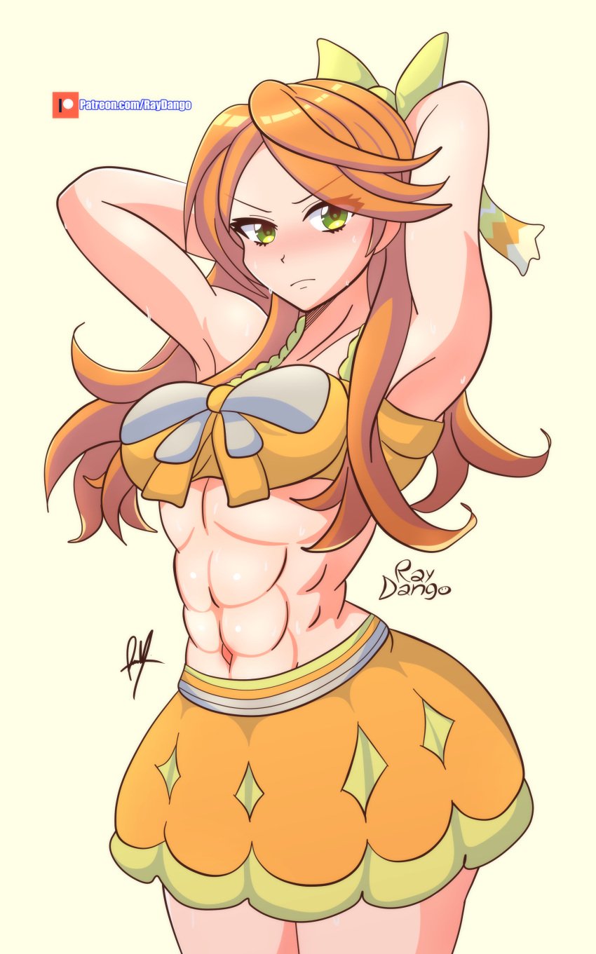 1girl 诱人的手臂_背后_头 运动_女性 裸_中腹部 裸_大腿 脸红 etie_(fire_emblem) Female_abs 女性_only fire_emblem fire_emblem_engage fit_female 皱眉 green_eyes long_hairlooking_at_viewermedium_breasts midriff nintendo Orange_hair raydango 汗大腿