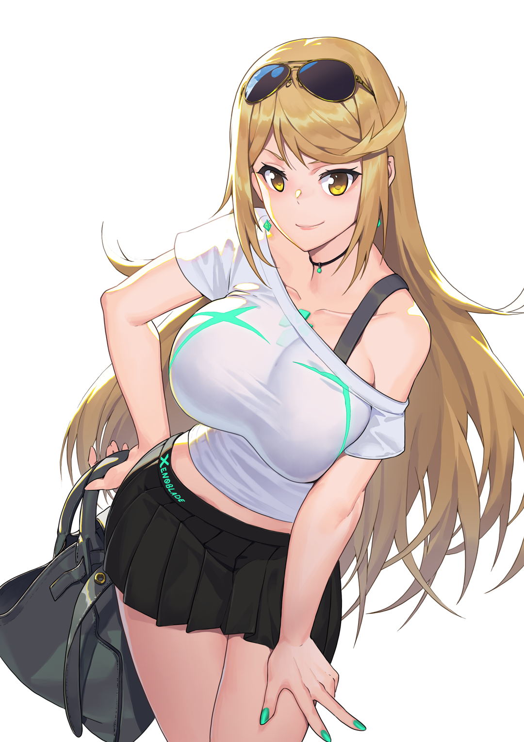 1girls 诱惑包 big_breasts big_breasts black_skirt 金发_头发 项圈 core_crystalcrop_top 耳环 Holding_bag long_hairlooking_at_viewer madyy midriff mytra 任天堂画_fingernails 裙子 墨镜 墨镜_on_head 白色_crop_top xenoblade_(series) xenoblade_chronicles_2 Yellow_eyes