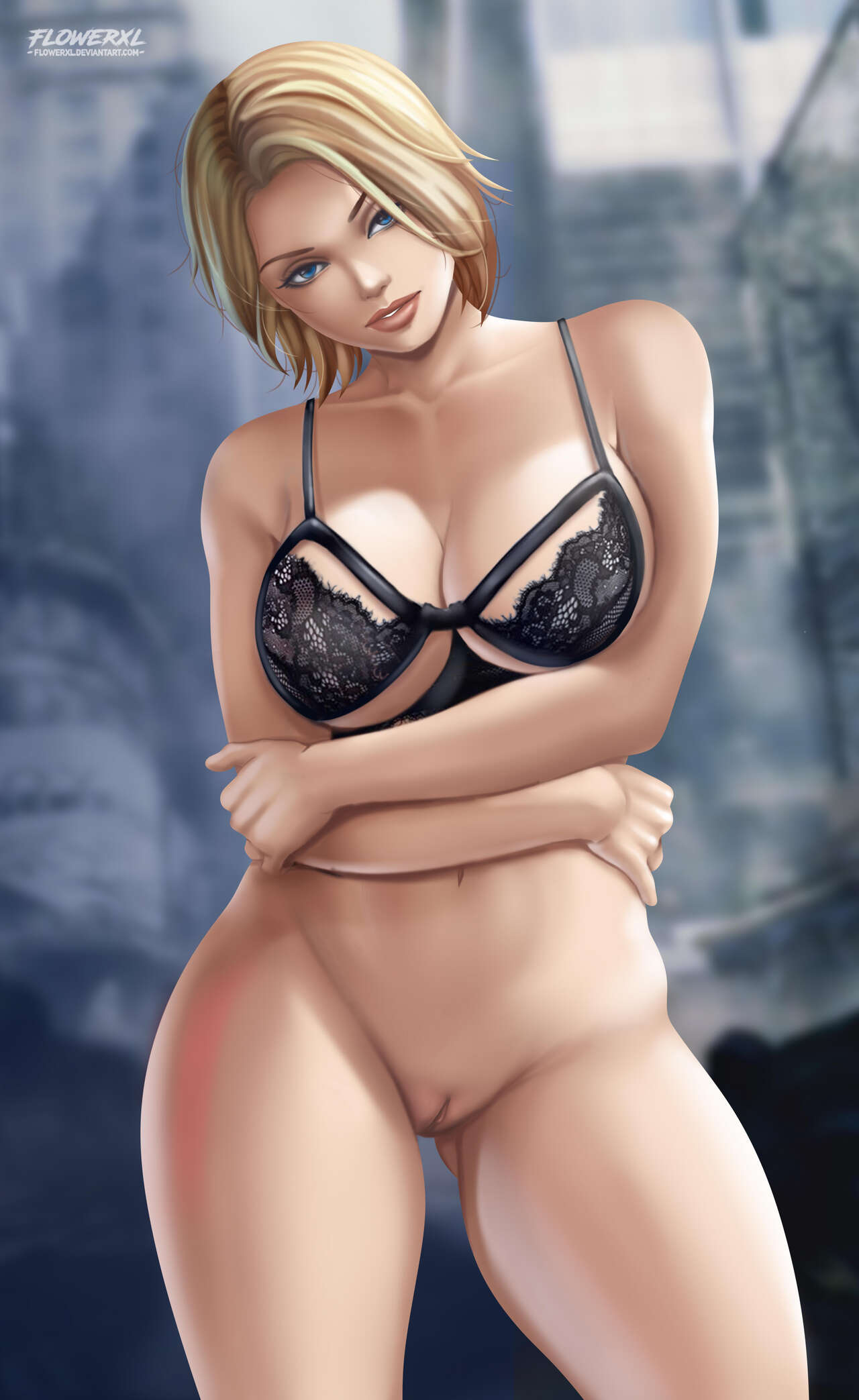 1girl 1girl 1girls big_breasts big_breasts black_lingerie 金发_头发 blue_eyes 胸罩 乳房 city_background 乳沟 dc_comics Female_only 花xl karen_starr 浅肤色女性 light_skin 内衣looking_at_viewer no_panties power_girl 猫 超级英雄