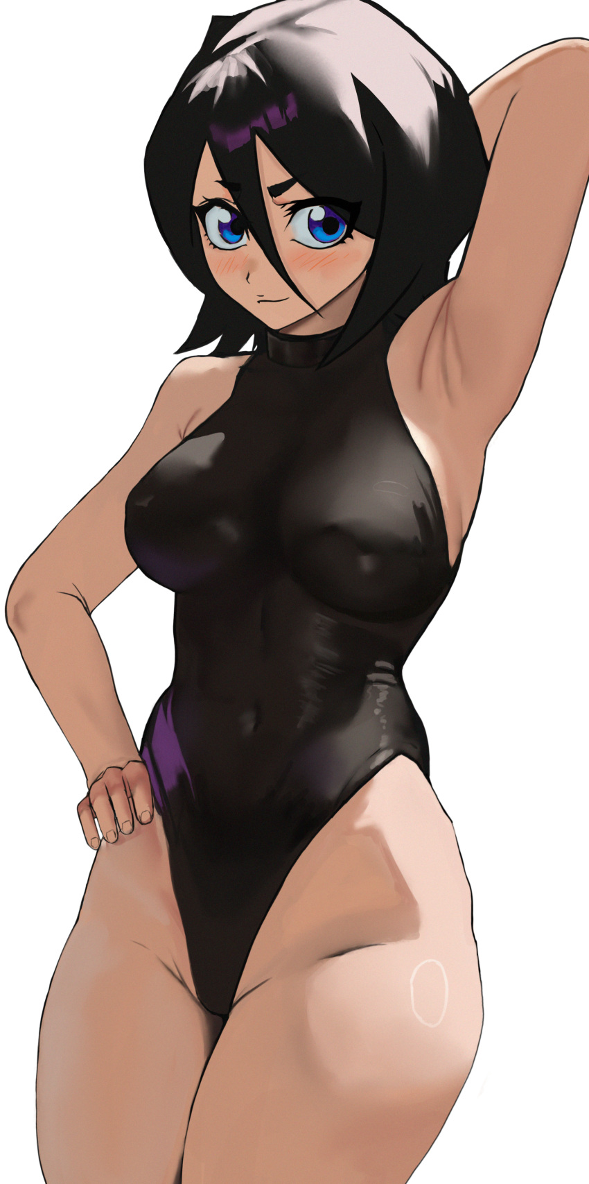 1girl 1girl 腋下 大乳房 比基尼 黑色比基尼 黑色眼睛 黑色头发 黑色连体泳衣 漂白剂 蓝色眼睛 乳房 kuchiki_rukia 成熟女性 中等头发 连体泳装 变态 变态女阴户 性暗示 短发 微笑 独奏焦点 白色背景