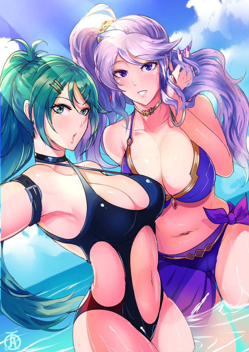 2_girls 诱人的替代服装 ass_visible_through_thighs bare_thighs big_breasts black_one-piece_泳衣 black_泳装 乳房 乳沟颜色 耳环 Female_only fire_emblem fire_emblem:_genealogy_of_the_holy_war green_eyes green_hair ishtar_(fire_emblem) kurono_kiria long_hairlooking_at_viewer multiple_girlsnail_polish ninten做海洋 连体比基尼 连体泳衣 张开嘴巴 外面部分浸没的马尾辫 紫色比基尼 紫色眼睛 紫色头发 紫色指甲 紫色泳衣 伸出 左轮翼工作室 纱笼透视自拍侧面_马尾辫微笑粗_大腿大腿tokyo_mirage_sessions_#fevery_long_hair水